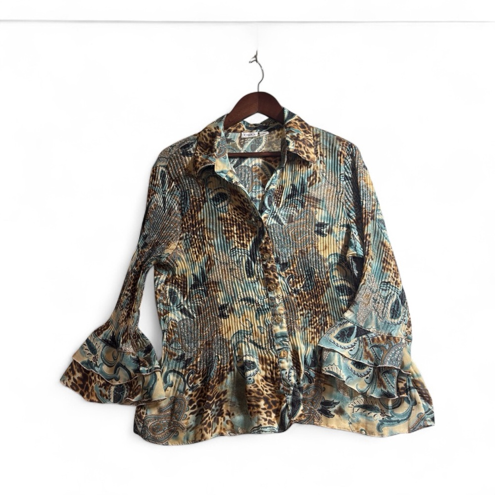 Cato Animal Print Button Down Shirt Blue Brown Long Sleeve Size XL Top